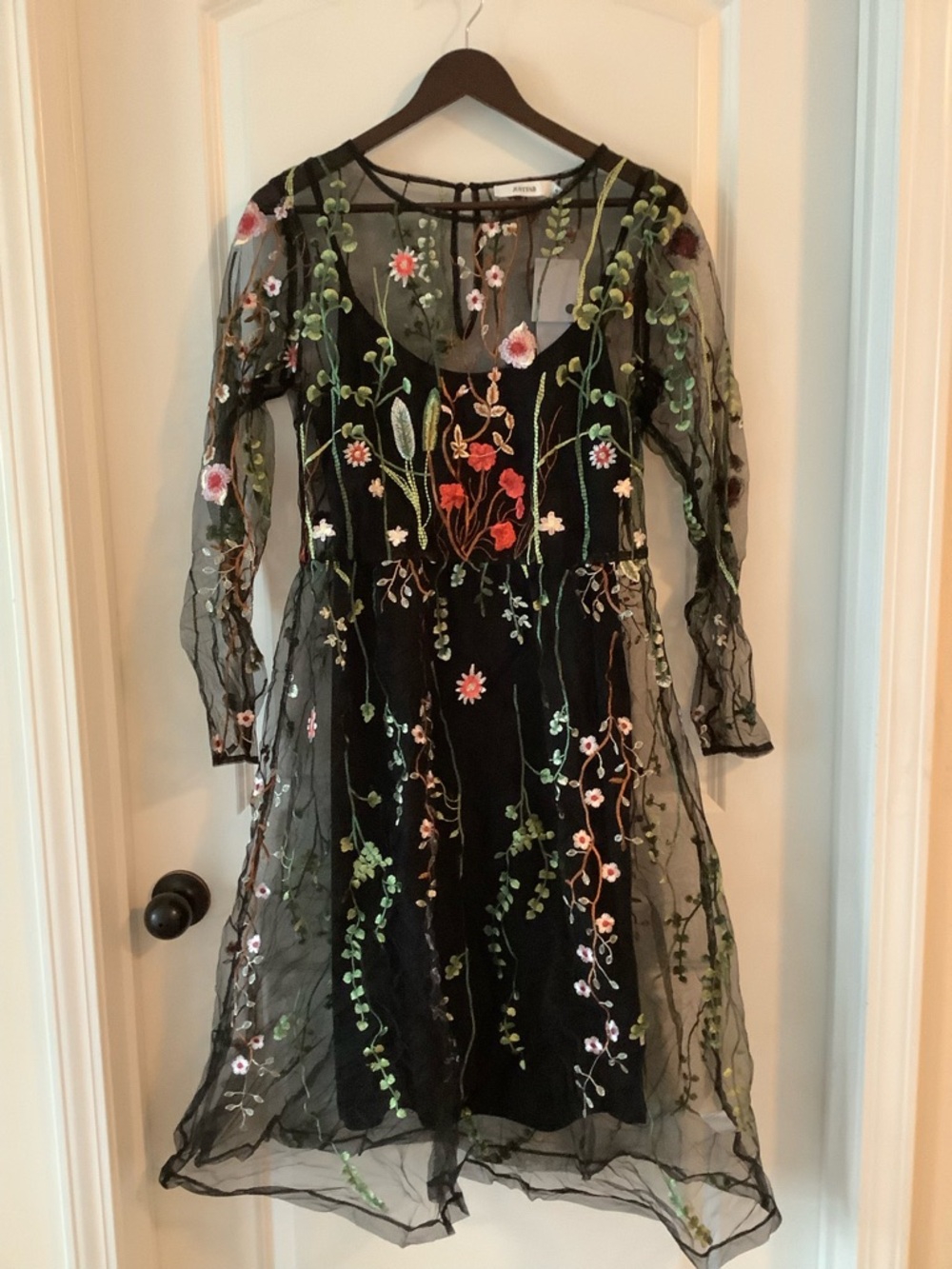 JustFab Black Sheer Floral Embroidered Long Sleeve Dress